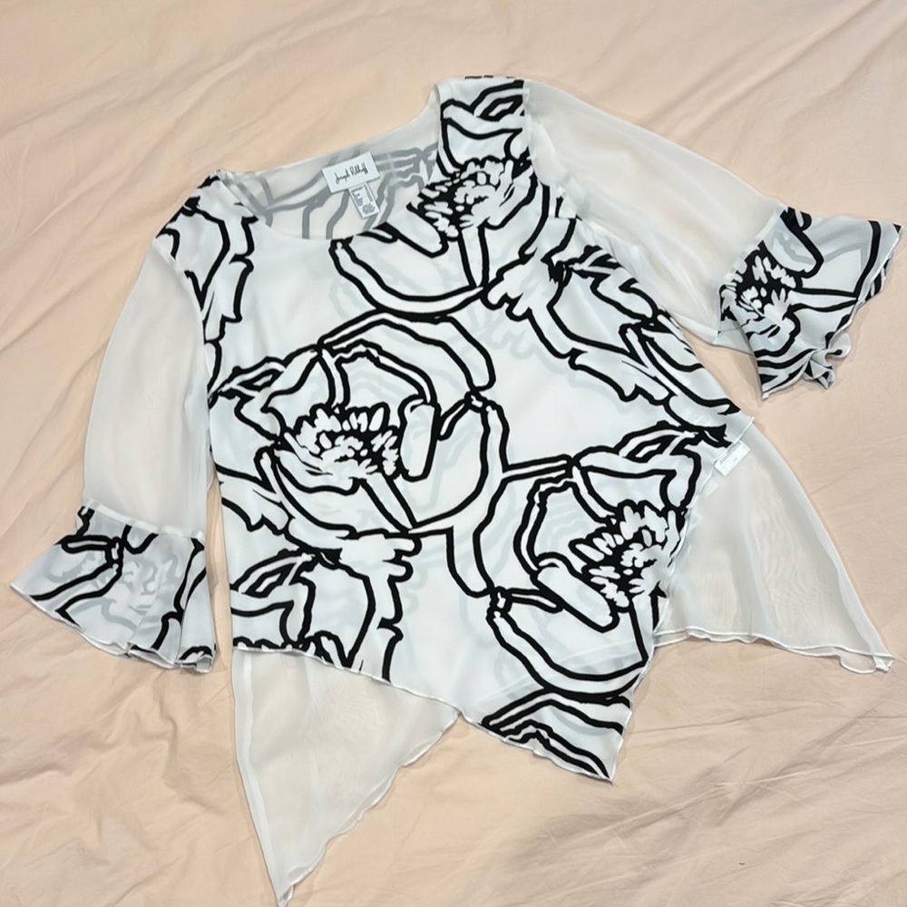 Joseph Ribkoff Cream and Black Asymmetrical Ruffled Blouse